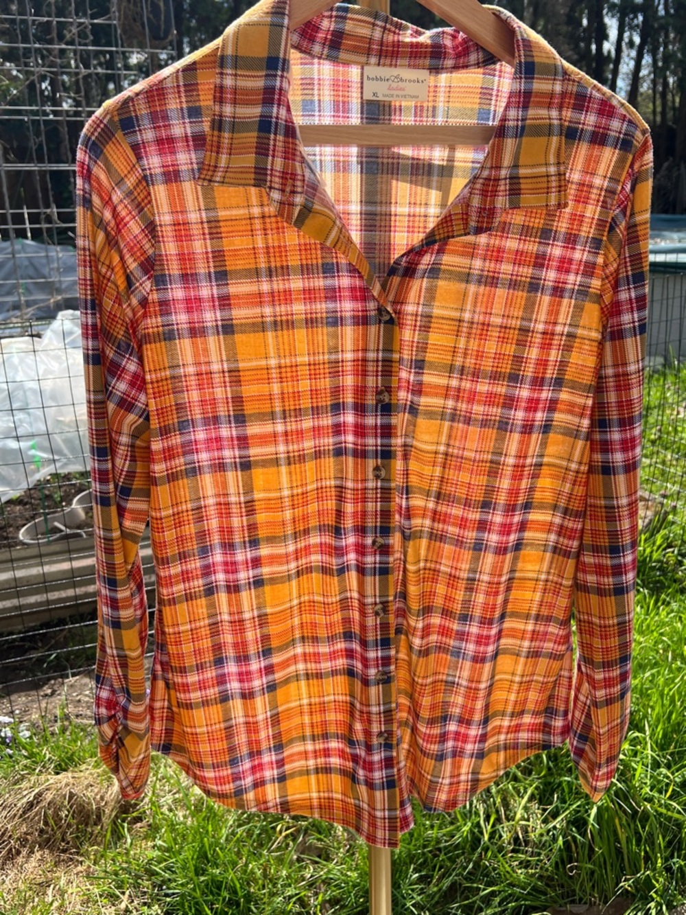 Yellow Plaid long sleeve Shirt with Red and Navy Accents XL